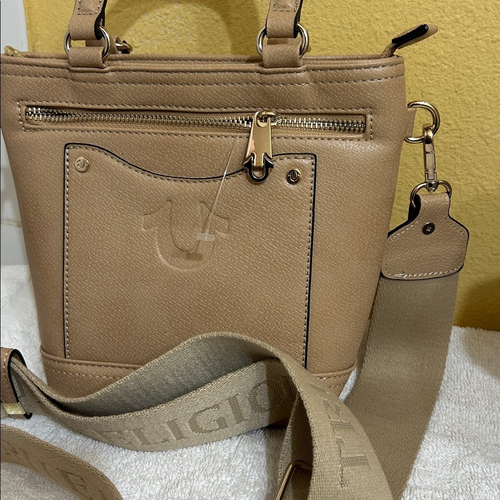 True Religion Beige Crossbody Bag with Gold Accents